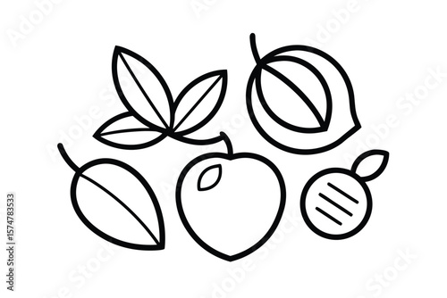 Monochrome Outline Leaves And Filled Fruit Icons