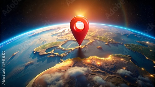 Red Location Pin Over Earth at Sunrise
