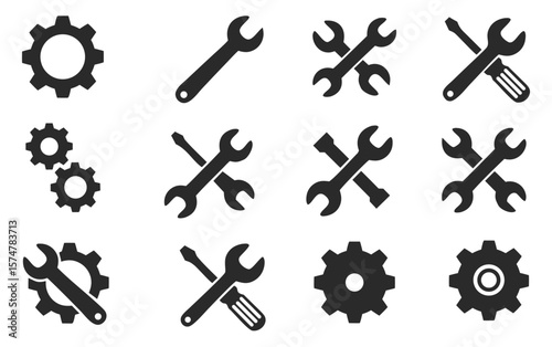Tools Service Icons Set Wrench Screwdriver Gear Glyph Vector