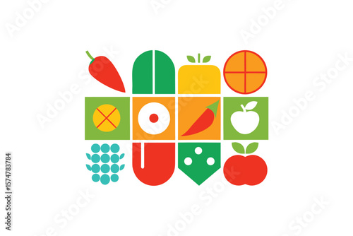 Modern Clean Food Symbols In Grid Layout On White