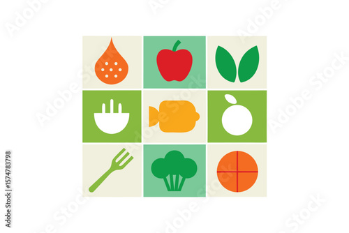 Modern Clean Food Symbols In Grid Layout On White