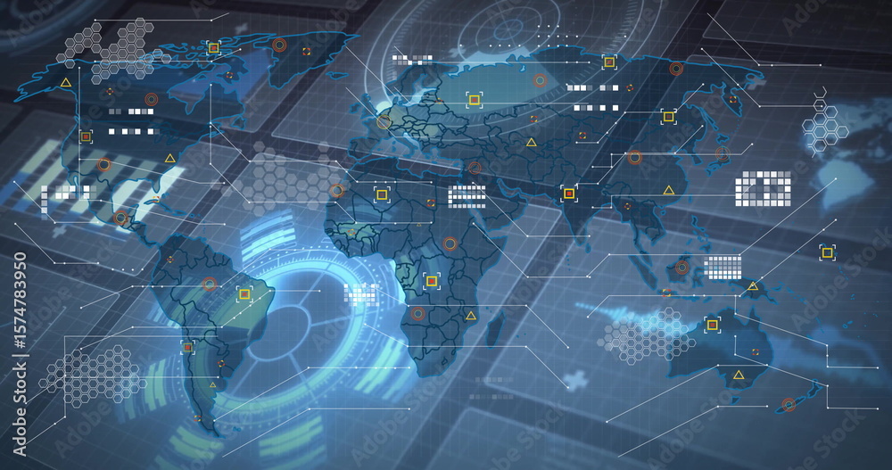 Naklejka premium Futuristic map interface displaying hexagonal grids and data markers in virtual command dashboard