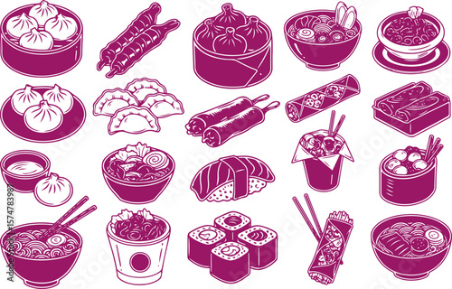 Collection of delicious asian food illustrations including dumplings noodles sushi spring rolls and more in a vibrant purple color
