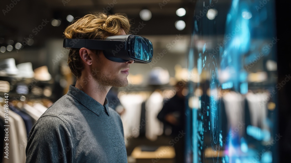 Man wearing VR glasses with interactive digital display for showcasing virtual shopping experience fashion retail innovation immersive technology and modern consumer concept. Man wearing VR glasses with interactive digital display for showcasing virtual shopping experience fashion retail innovation immersive technology and modern consumer concept.