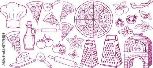 A delightful hand drawn collection of pizza ingredients and cooking tools including slices of pizza a whole pizza tomatoes basil cheese olive oil a chef s hat rolling pin pizza cutter and a brick oven