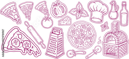Collection of hand drawn pizza ingredients cooking tools and a brick oven with a chef hat and olive oil bottles