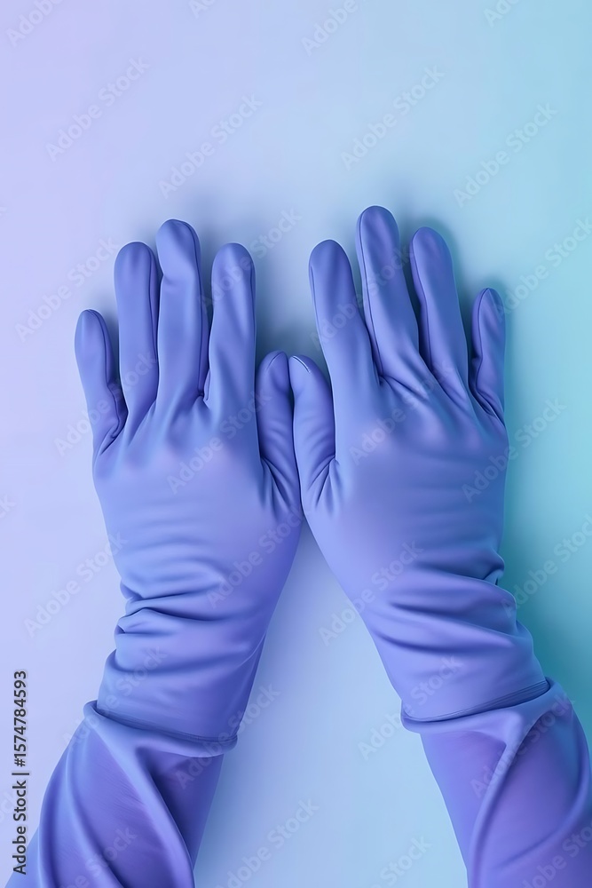 Obraz premium Hands adorned in protective violet gloves on gradient serene backdrop