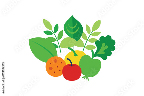Leafy Greens And Fruits In Organic Layout On White