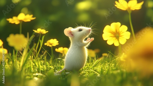 A tiny white mouse stands in a flower meadow with sunlight for a story book