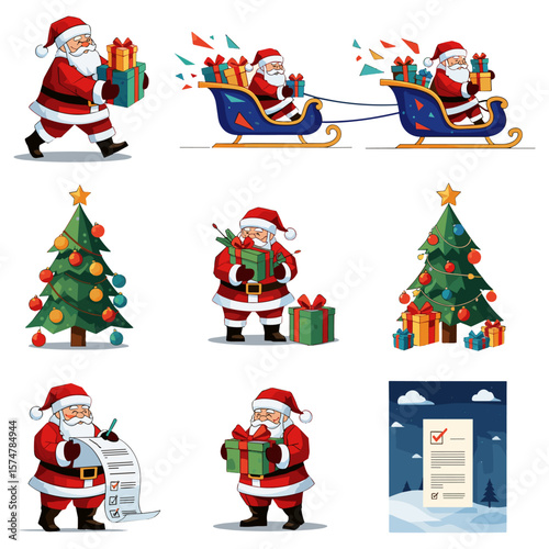 Santa Claus Delivering Gifts Collection with Sleigh, Christmas Trees, and Naughty List
