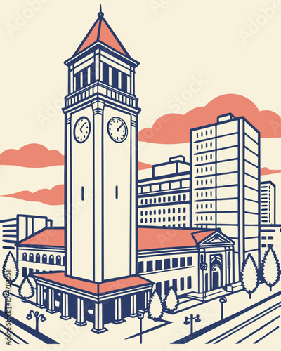 Spokane landmark clocktower downtown, ideal for cityscape, tourism, or Washington-themed advertising.