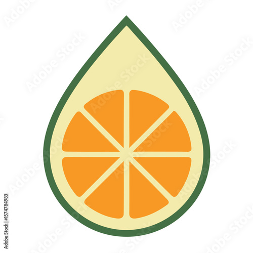 Orange fruit slice graphic inside a teardrop shape with green and yellow colors on white background