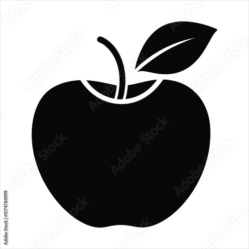 Simple black silhouette of an apple with a leaf and stem