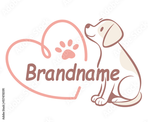 Cute Dog Logo with Heart and Paw Print in Soft Pink. Pet Care Branding for Products and Services

