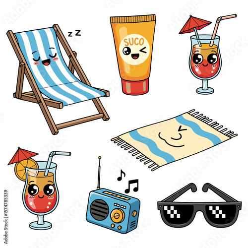 Cute Summer Relaxation Beach Icons Set