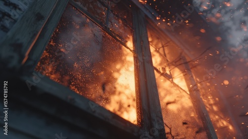 A close-up of flames bursting through the windows of a burning house, the heat warping the glass, with ash and embers filling the air