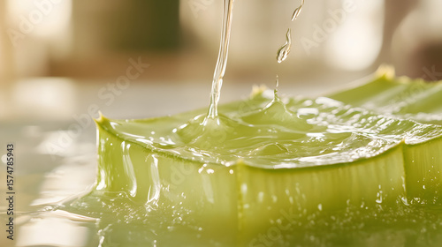Close-up of fresh aloe vera leaf with clear gel dripping in golden light capturing natural skincare and organic wellness essence