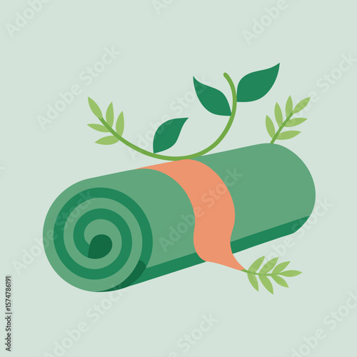 Rolled green mat with orange band and stylized green leaves on a light green background