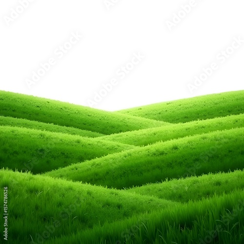 Green Grassland Landscape with Rolling Hills Isolated on White or Transparent Background