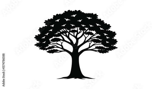 Black silhouette of a lush deciduous tree