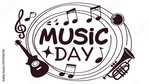 Bold Music Day Design:  Hand-drawn Illustration Featuring Musical Instruments, Notes, and a Vibrant, Celebratory Style Perfect for Print or Web.