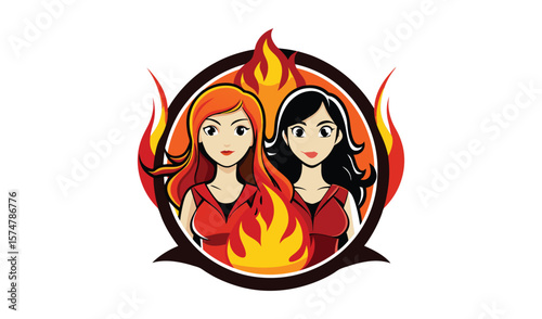 Two anime girls surrounded by fiery flames