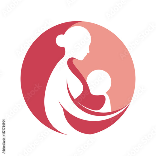 Silhouette of Mother and Child in a Red and Pink Circle on White Background baby