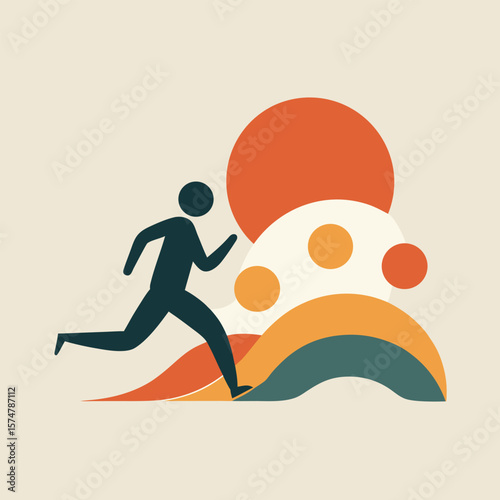 Silhouette of a runner with abstract shapes in orange yellow and teal on beige background