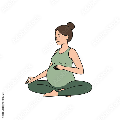 Pregnant woman meditating, peaceful mood, sitting cross-legged on transparent background