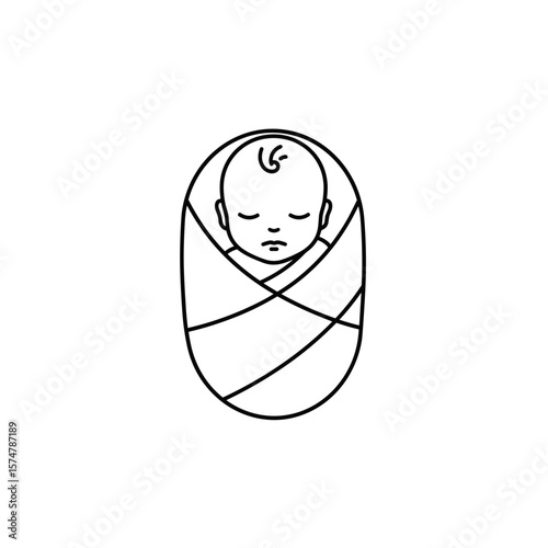 Swaddled baby icon, peaceful expression, simple design on transparent background
