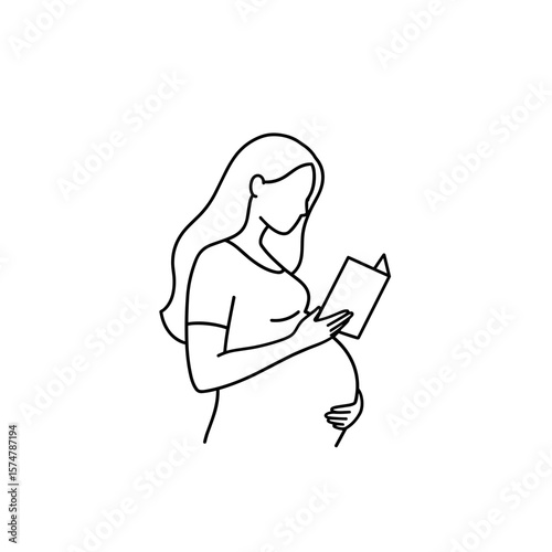 Pregnant woman reading a book icon, thoughtful expression, simple design on transparent background
