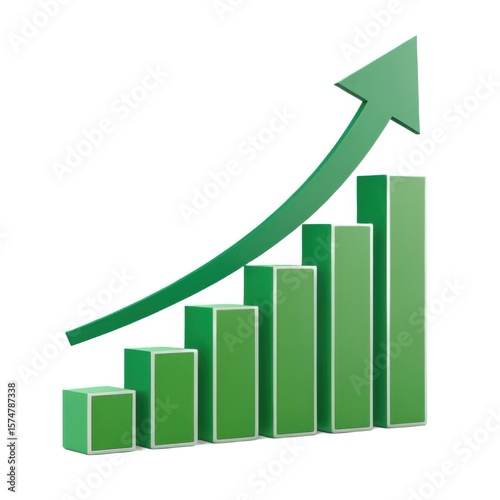 Green bar chart with upward trend arrow isolated on white background