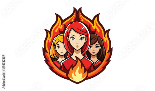 Three anime girls in fiery flames logo design