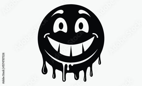 Melting smiley face silhouette, Stylized melting yellow smiley face emoji is dripping in flat design on transparent background 