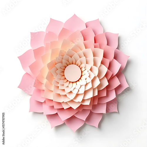 A delicate paper flower with layered pink petals is isolated on a white background, showcasing its handmade design