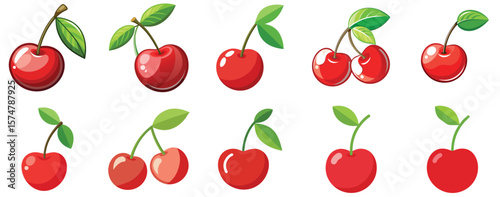 Fresh cherry fruit vector illustration ripe red cherries with green leaves flat icon  
