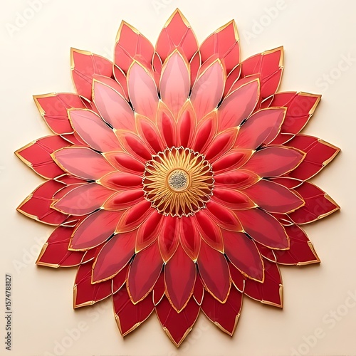 A vibrant red and gold flower with layered petals creates an ornate and decorative design