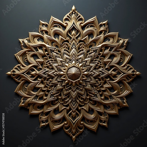 An ornate golden mandala with intricate carvings and a luxurious texture is set against a dark background