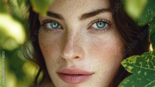 close up of young caucasian woman in nature with freckles and pale skin blue eyes in magazine editorial look with leafs herbal greenery looking at camera for natural beauty skincare spa commercial
