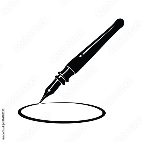 Black and white illustration of a fountain pen drawing a circle signifying creation writing and design