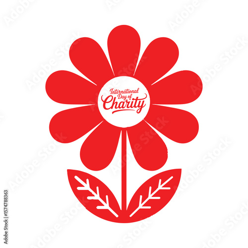 Red flower with international day of charity text petals leaves