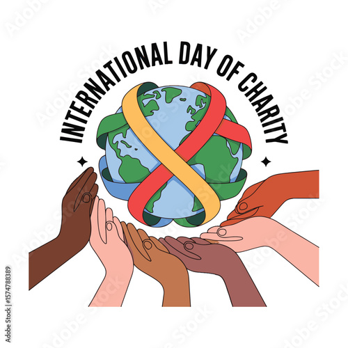 Diverse hands support earth with charity ribbons globe unity