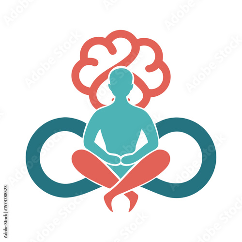 Teal figure in lotus position with brain symbol and infinity shapes on white background