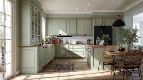 Sage Green Kitchen Cabinets Feature Black Hardware