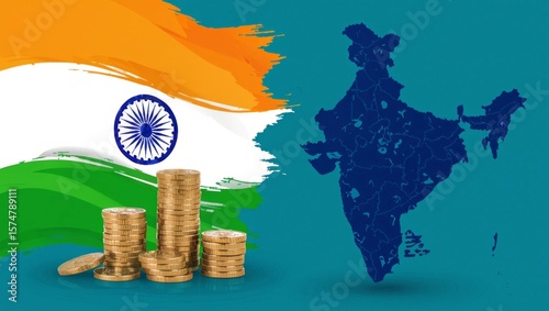 India's economic growth visualized through its flag, map, and piles of golden coins conveying prosperity.