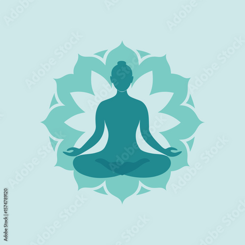 Teal Silhouette of Person Meditating in Lotus Pose Within a Floral Design meditation