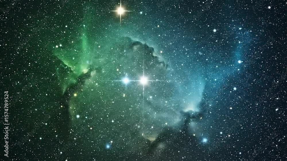 A brilliant, star-like object illuminates a vast green and blue nebula in deep space. A beautiful and serene cosmic background of a distant star-forming region, possibly the Orion Nebula.

