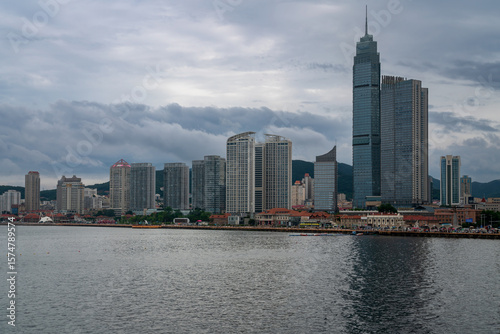 View of the Zhifu District on the shore of Bohai Bay in the Yellow Sea on a sunny summer day, Yantai, Shandong, China