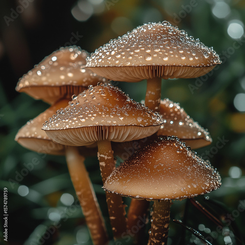 Beautiful cluster of fresh mushrooms with dew drops, surrounded by green foliage in nature