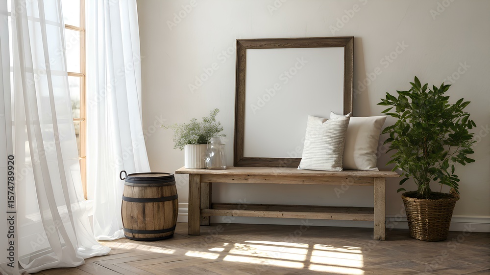 Obraz premium Rustic wooden bench with empty frame and plants near window with sheer curtains